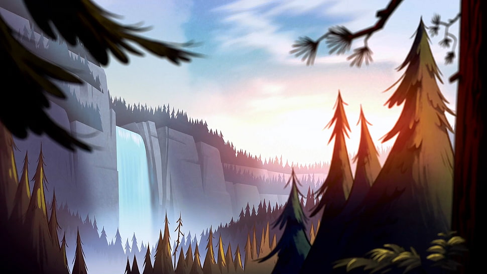 green tree near waterfalls illustration, artwork, forest, waterfall, Gravity Falls HD wallpaper