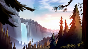 green tree near waterfalls illustration, artwork, forest, waterfall, Gravity Falls