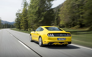 yellow Volkswagen 5-door hatchback, car, Ford Mustang GT, road, motion blur