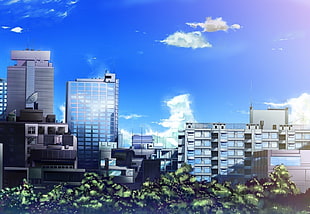 gray buildings illustration, city, cityscape, anime