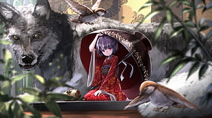 female anime character wearing kimono dress digital wallpaper
