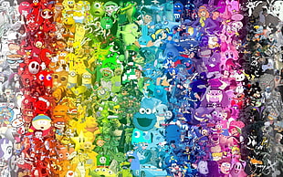 assorted color plastic toy lot, artwork, cartoon