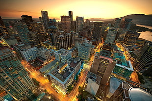 aerial photography of urban city during golden hour, downtown vancouver