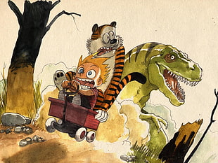 boy riding on wagon with animal wallpaper, Calvin and Hobbes, Tyrannosaurus rex