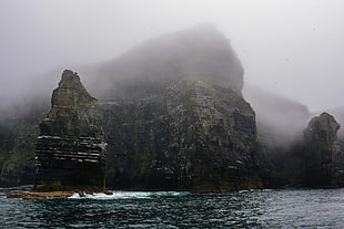 rock formation near ocean, nature, mist