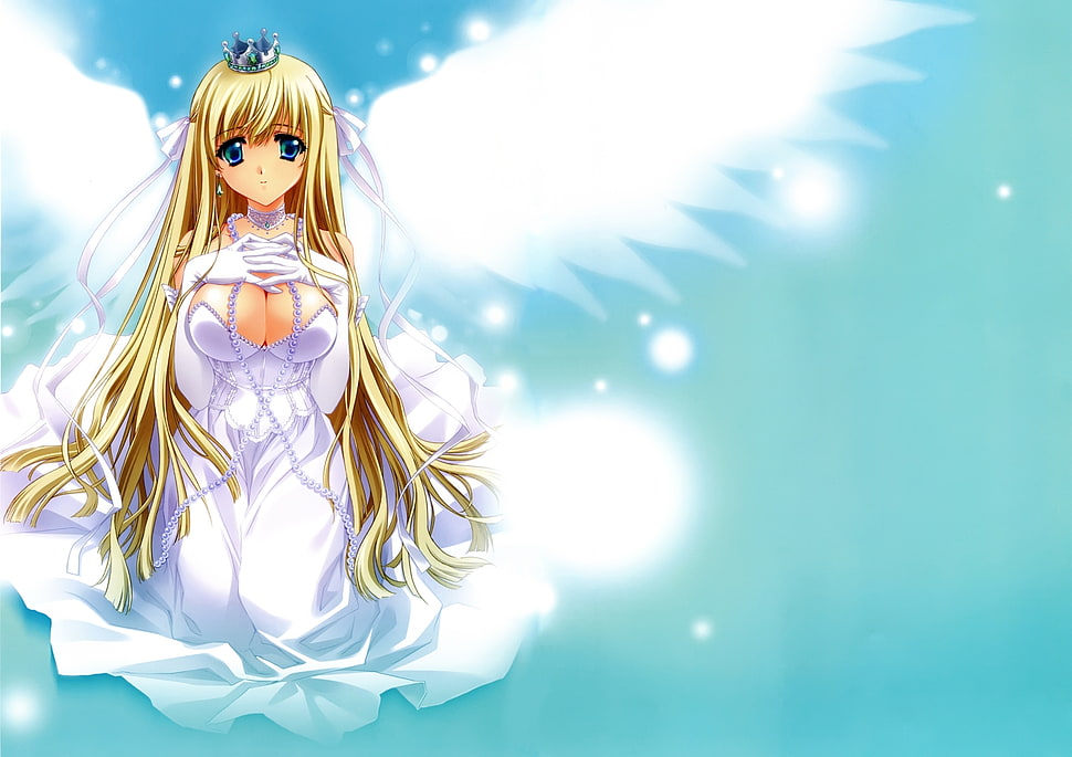 yellow haired woman angel anime character HD wallpaper