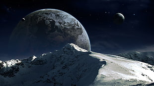 snow covered rock formation, space, planet, landscape