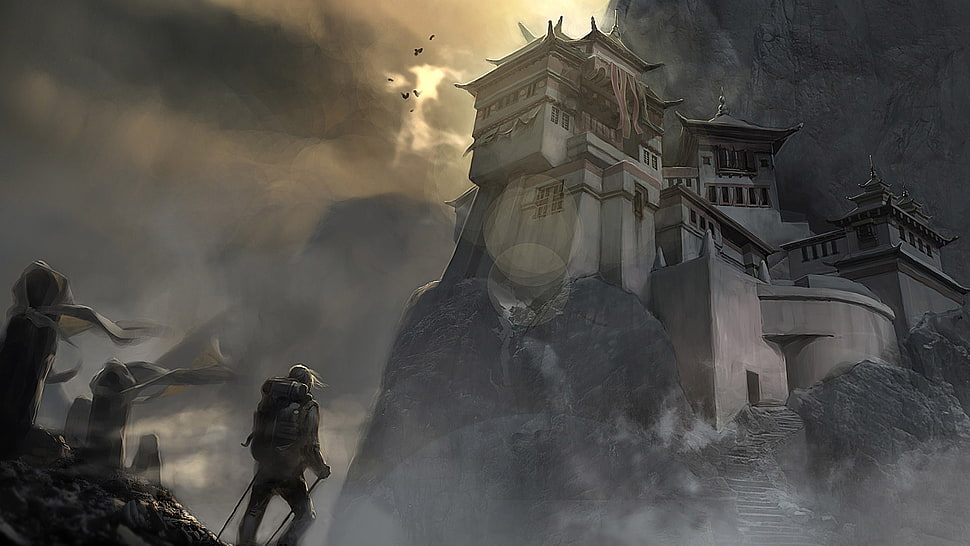mountaineer in front of castle illustration, artwork, Asian architecture, bananas HD wallpaper