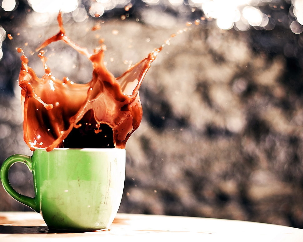 green coffee mug splash out coffee HD wallpaper
