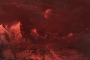 fantasy art, red, mountains