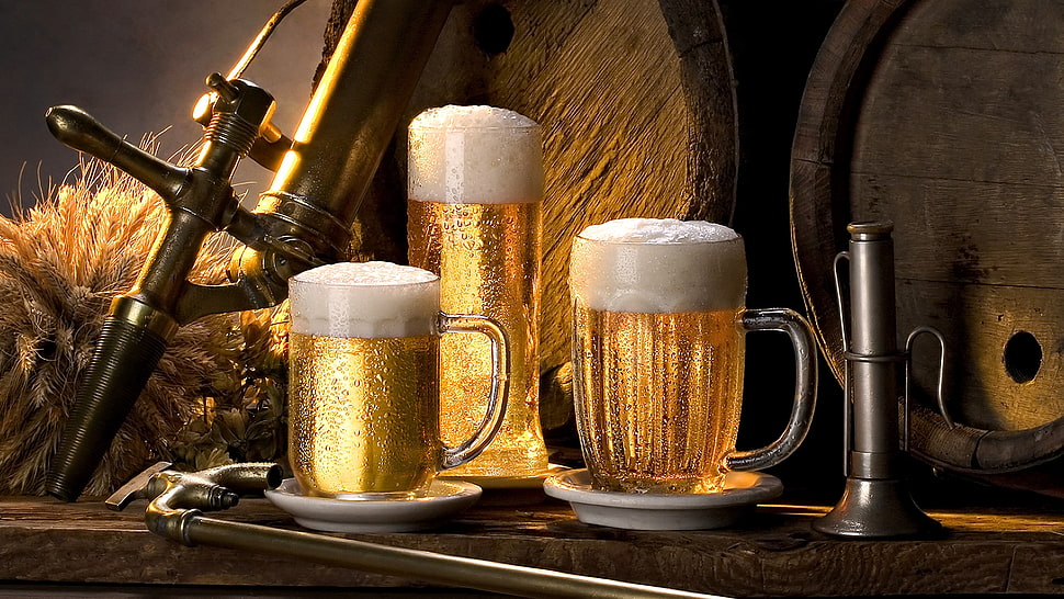 three clear drinking glasses filled with beer HD wallpaper