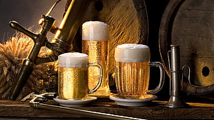 three clear drinking glasses filled with beer
