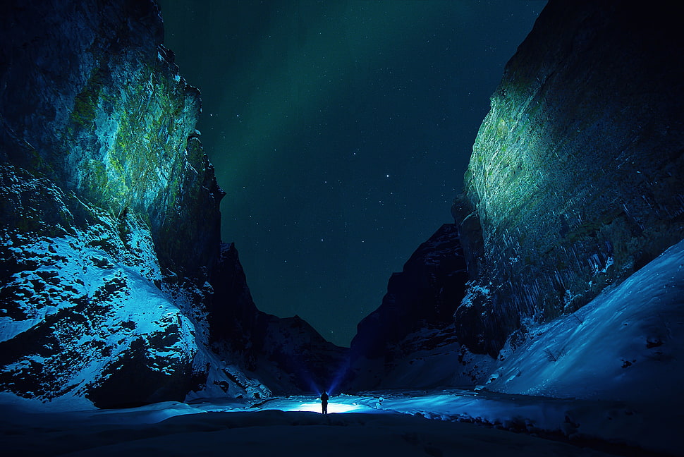 game digital wallpaper, nature, mountains, night, lights HD wallpaper