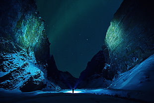 game digital wallpaper, nature, mountains, night, lights