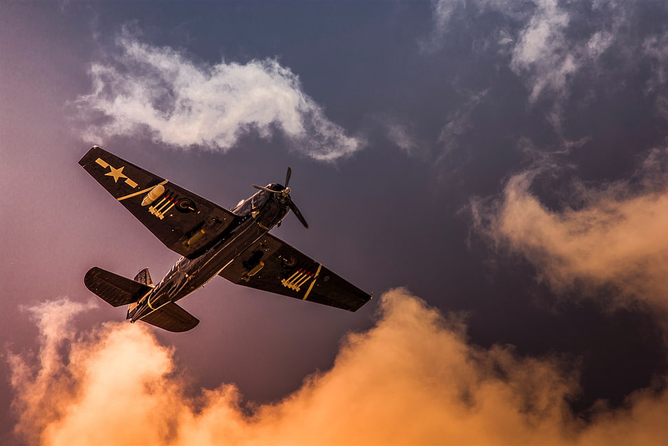 black biplane, aircraft, World War II, sky, clouds HD wallpaper