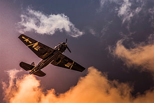 black biplane, aircraft, World War II, sky, clouds