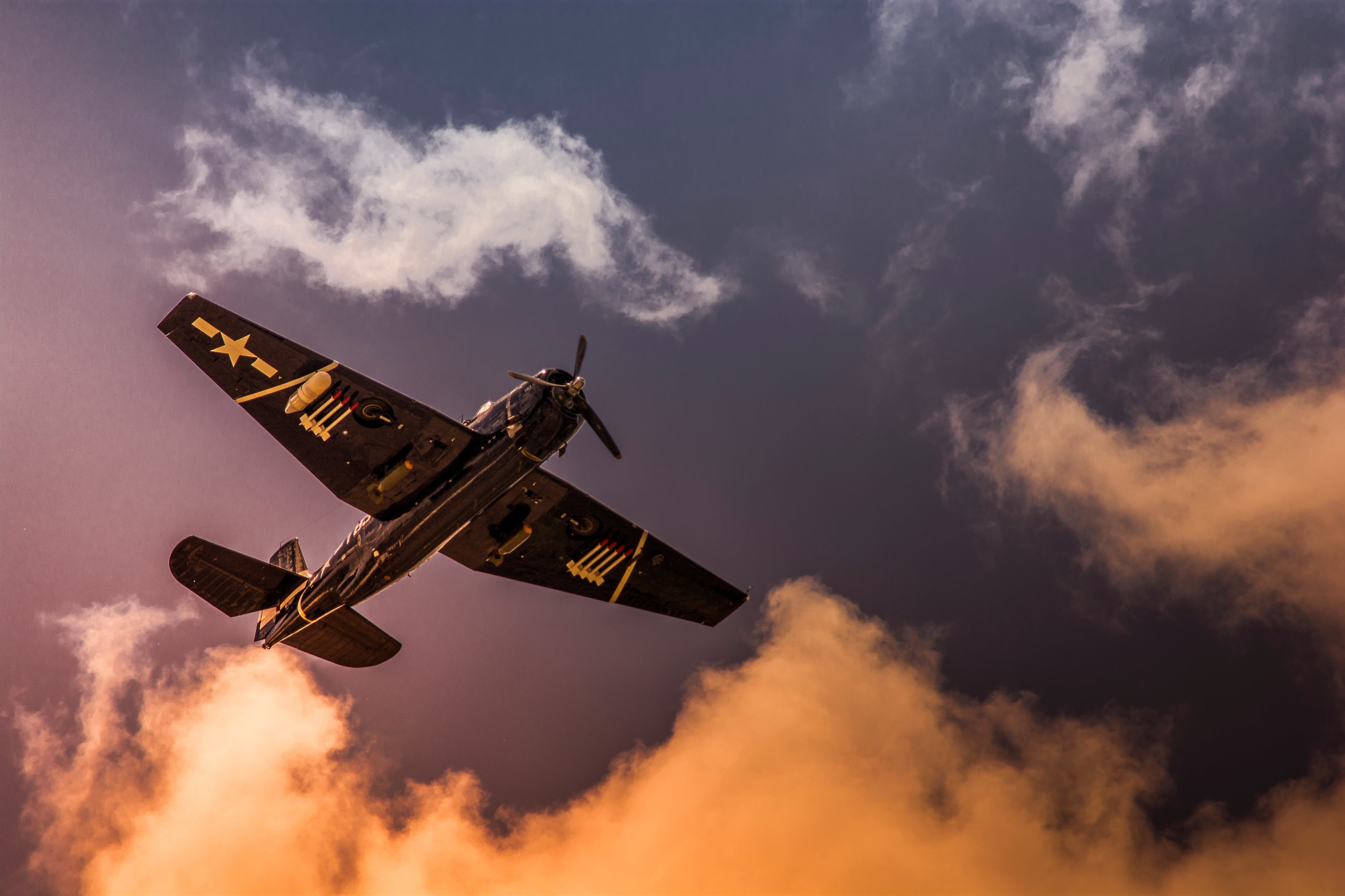 black biplane, aircraft, World War II, sky, clouds