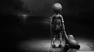 kid holding bear standing on road grayscale wallpaper
