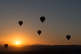 five hot air balloons in flight