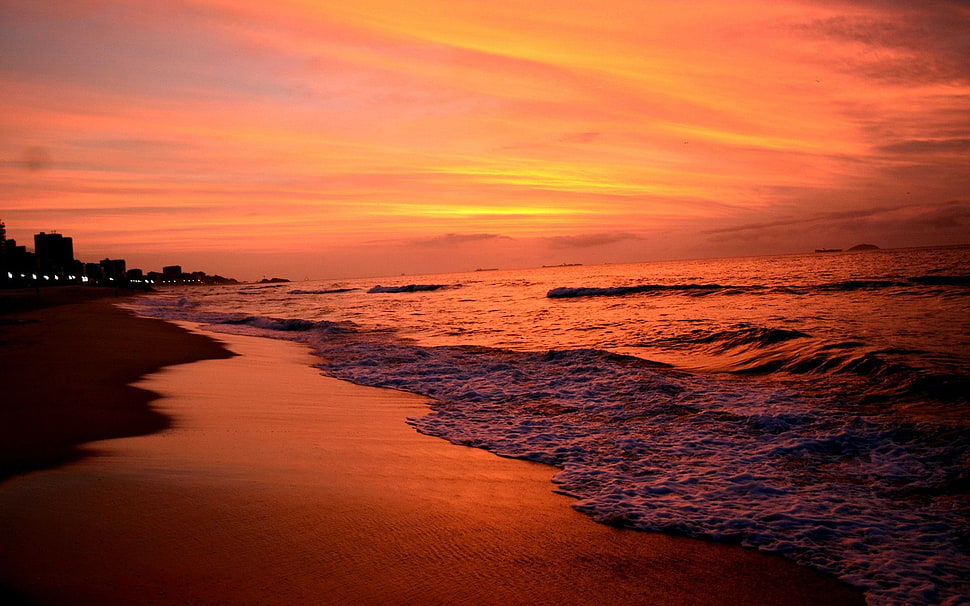 body of water, beach, sunset HD wallpaper
