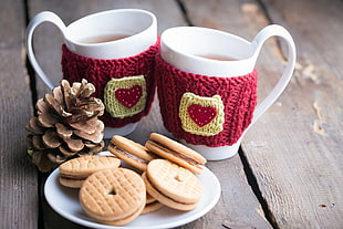 biscuits and two white ceramic mugs, cup, food, tea, beverages HD wallpaper
