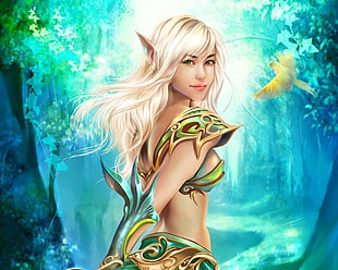 woman in green bra fantasy game digital wallpaper