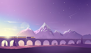 train on arch bridge with mountain on the background digital wallpaper, train, bridge, mountains, Zaib Ali