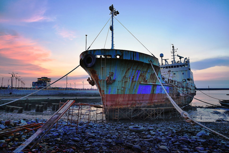 blue ship, ship HD wallpaper