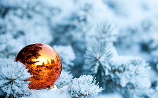 orange bauble, New Year, snow, Christmas ornaments , leaves