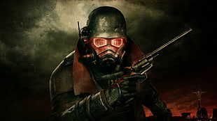mask man with revolver pistol graphic wallpaper, Fallout, Fallout: New Vegas, NCR, video games