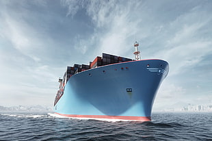 blue and red boat, Maersk, Maersk Line, container ship, sea
