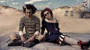 men's black and white striped long-sleeved shirt, tattoo, Johnny Depp, Helena Bonham Carter, Sweeney Todd