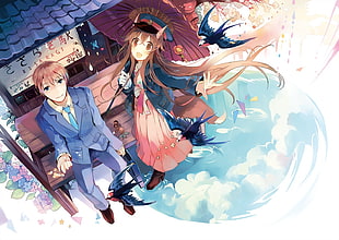 two male and female anime characters graphic wallpaper, animal ears, birds, umbrella, water