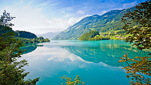 landscape photography of body of water surrounded with mountains, water, mountains, lake, reflection