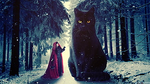 black cat digital wallpaper, cat, snow, winter, photo manipulation HD wallpaper