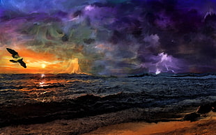 red and purple abstract painting, painting, sunset, storm, birds