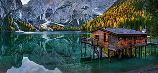 brown wooden cabin, nature, landscape, lake, mountains HD wallpaper