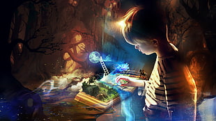 boy playing lighted playset artwork HD wallpaper