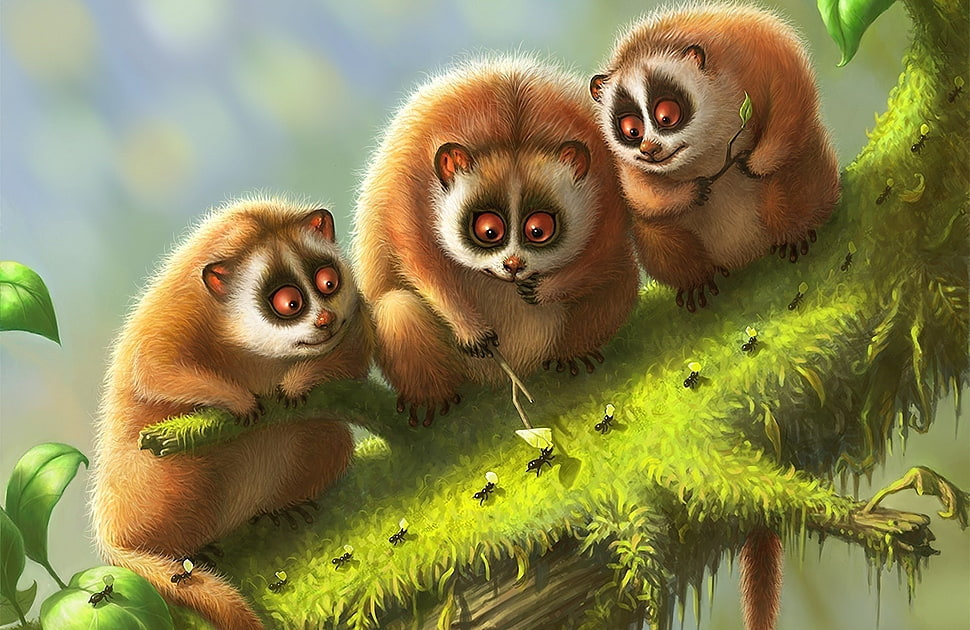 three brown animal 3D illustration on grass field HD wallpaper