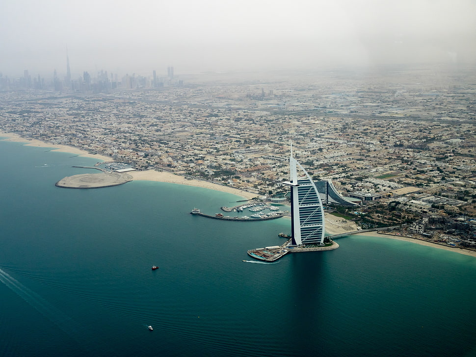 Burj Al Arab, Dubai, cityscape, sea, helicopter view, shore HD wallpaper