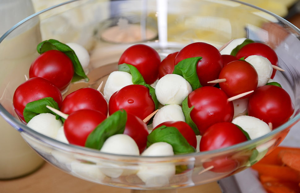 cherry tomatoes in clear glass bowl HD wallpaper