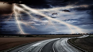 gray thunder, landscape, storm, road, digital art