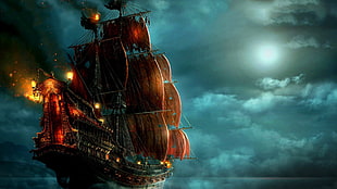 brown galleon ship digital wallpaper, pirates, ship, night, fantasy art HD wallpaper