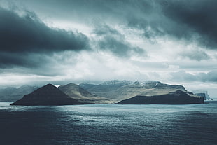 brown mountain, mountains, clouds, mist, river