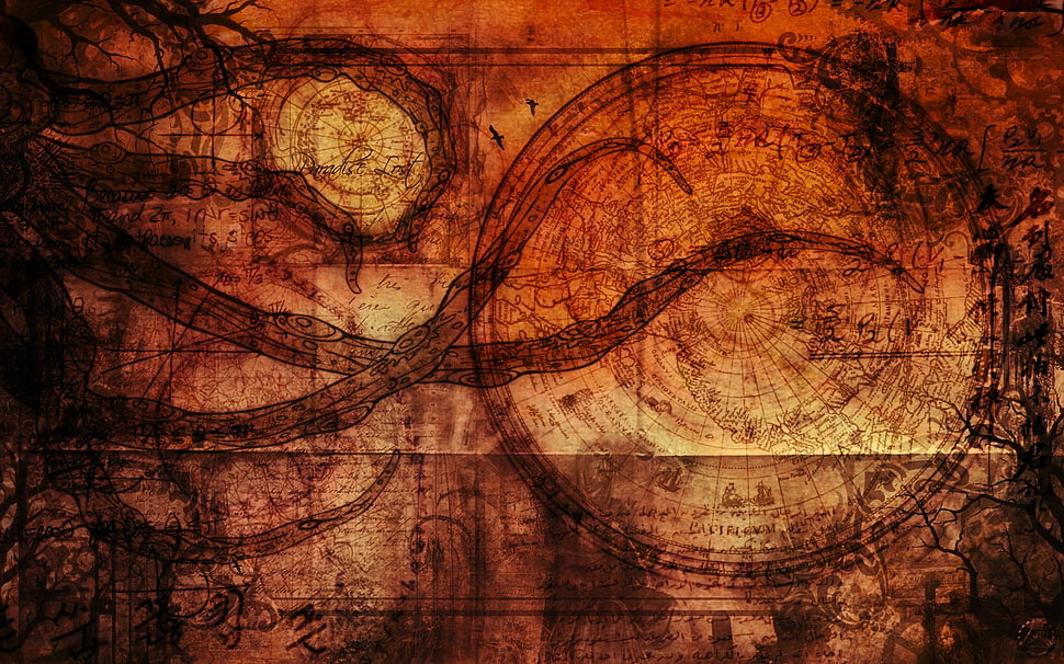 brown and black tree painting, artwork, map, grunge HD wallpaper