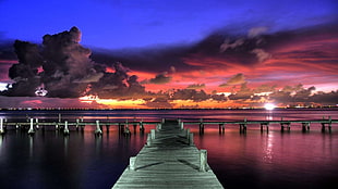 brown wooden boat dock, sunset, dock, clouds, sky