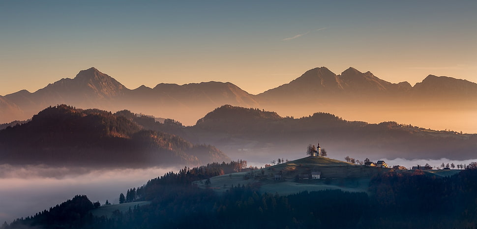 house on top of mountain, nature, landscape, mist, mountains HD wallpaper