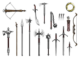 assorted vintage weapons illustration, bow, arrows, quiver, scimitar