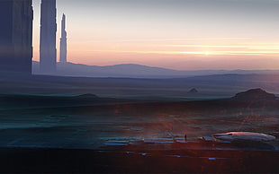 desert with mountain, science fiction, artwork
