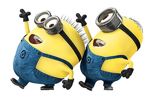 two Despicable Me Minions posing with white background